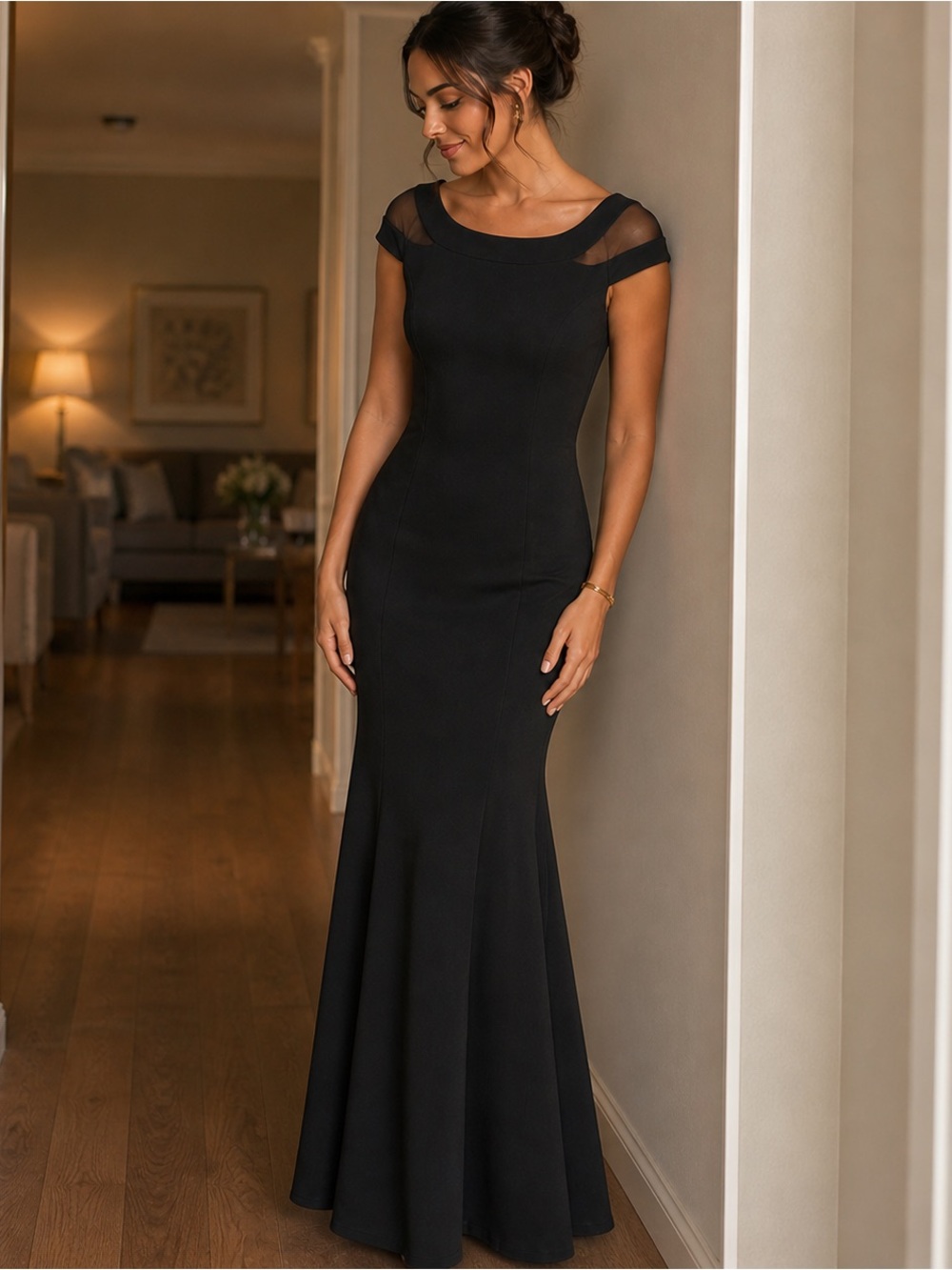 Vince Camuto Black Mermaid Evening Gown Mesh Illusion Formal Dress 8 NWT”